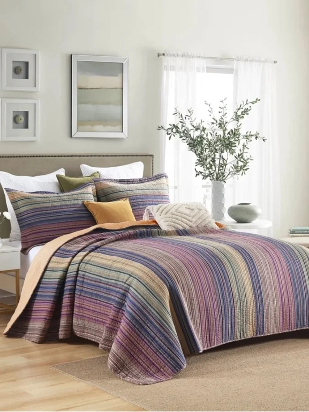 Multicolor Striped Quilt Set Queen 3 piece cotton quilt